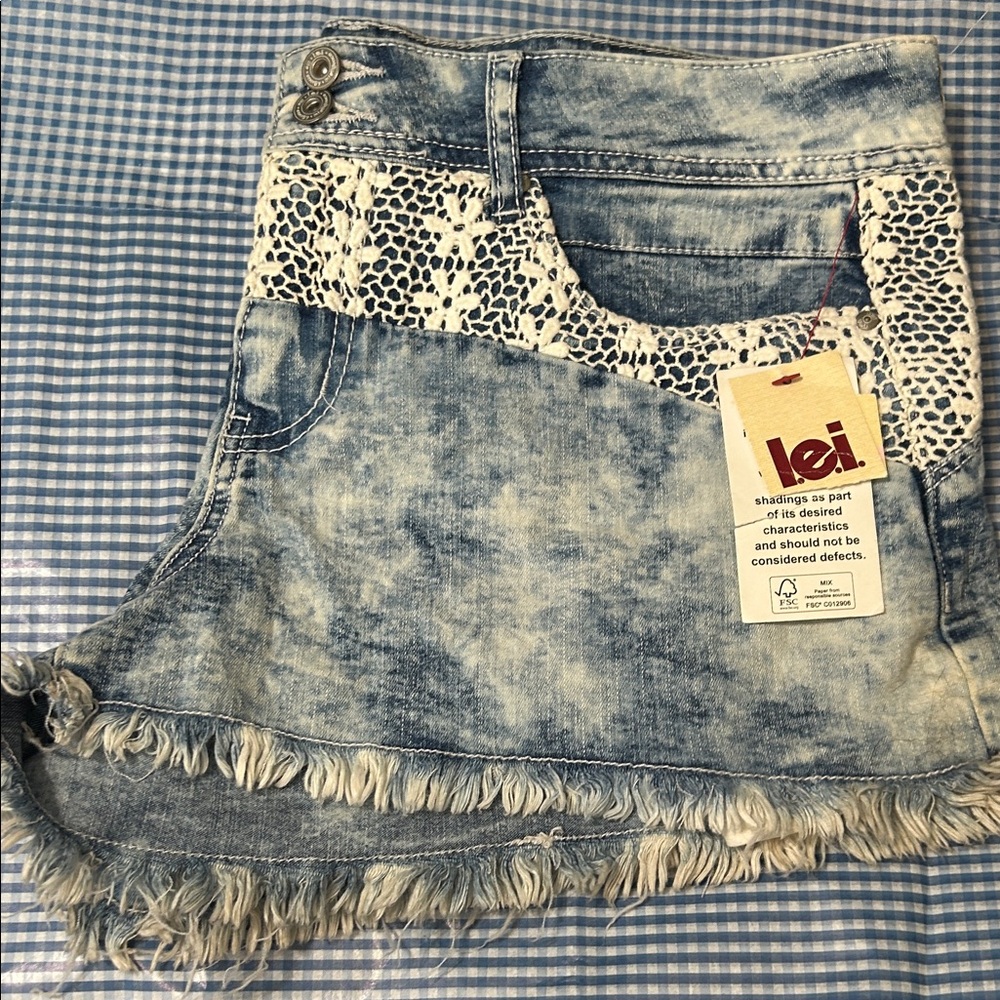 LEI Acid Wash Blue Jean Shorts with Lace Detail